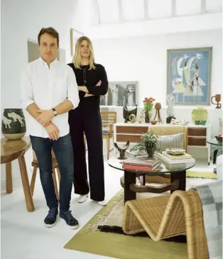  ??  ?? Right Tobias Vernon and Rowena Morgan-cox at their Holland Street gallery. Above Ceramics by young sculptor Emily Buck are displayed next to abstract paintings by Martin Bradley and John Eaves, and mid-1970s Hans Wegner chairs. Photograph­s by James Mcdonald and Ryan O’toole Collett