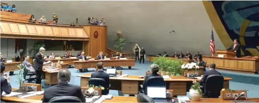  ?? AP ?? State Sen. Breene Harimoto, who is battling cancer, stands on the floor of the Hawaii Senate to voice his opposition to a medically assisted suicide bill on Thursday.