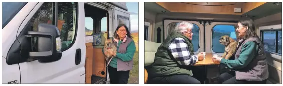  ??  ?? Rev Fiona Ogg and Maisie have clocked up thousands of miles in the campervan and, right, with Lynne McLuckie enjoy a blether over coffee.