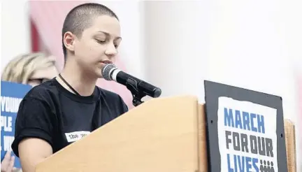  ?? TORI SCHNEIDER/TALLAHASSE­E DEMOCRAT ?? Parkland shooting survivor and activist Emma Gonzalez speaks at a news conference held by the March for Our Lives movement.
