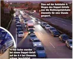  ?? ?? Vier Autos wurden bei einem Doppel-Unfall auf der A 4 bei Chemnitz schwer beschädigt.
Stau auf der Autobahn 4: Wegen des Doppel-Unfalls war die Richtungsf­ahrbahn Chemnitz für eine Stunde gesperrt.