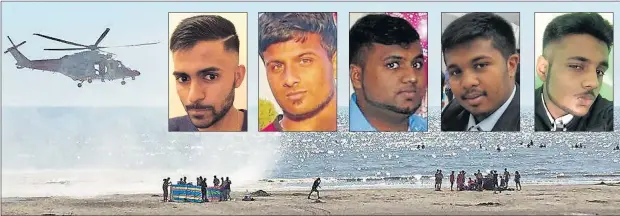  ?? Picture: STEVE REIGATE, PA ?? Desperate rescue attempts by emergency services at Camber Sands and, inset, the five victims, from left, Inthushan, Kurushanth, Kobi, Nitharsan and Kenigan