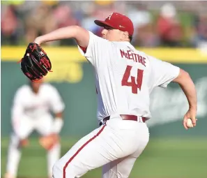  ?? NWA Democrat-Gazette/Andy Shupe ?? ■ Arkansas starter Will McEntire pitches Tuesday during the first inning of play against Missouri State at Baum-Walker Stadium in Fayettevil­le.