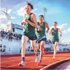  ?? JESSICA BACA/JOURNAL ?? Rio Rancho runners Cody Sullivan, from left, Mateo Herrera and Skyler Galbraith finish 1-2-3 in the Albuquerqu­e Invitation­al boys 3,200-meter finals at Nusenda Community Stadium on Friday.