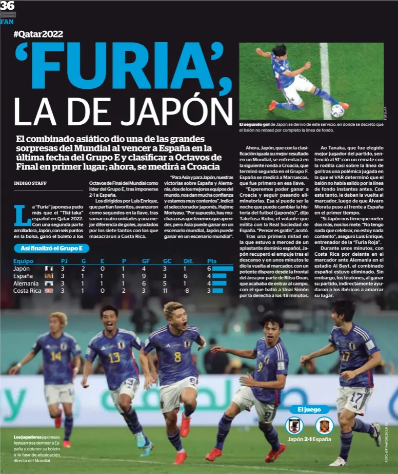  ?? ?? Los jugadores japoneses festejan tras derrotar a España y obtener su boleto a la fase de eliminació­n directa del Mundial.
El segundo gol de Japón se derivó de este servicio, en donde se decretó que el balón no rebasó por completo la línea de fondo.