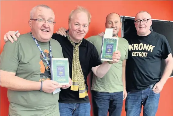  ??  ?? Hitting the airwaves Andy (second from left) with Off the Ball hosts Tam Cowan and Stuart Cosgrove (far right) following an appearance on the the radio