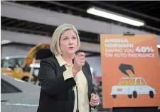  ?? TIJANA MARTIN THE CANADIAN PRESS ?? NDP Leader Andrea Horwath in Brampton on Wednesday. She said the auto insurance system is broken and that a new commission would examine possibilit­ies for a new system.