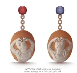  ??  ?? LIZWORKS x Catherine Opie Cornelian cameo earrings set in 18kt pink gold with light blue chalcedony and carnelian