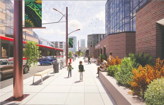  ??  ?? An early Green Line project team rendering of what the surface LRT on Centre Street could look like. The first open house for viewing of plans is Wednesday