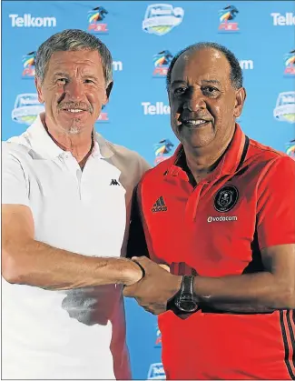  ?? Picture: GALLO IMAGES ?? SHAKING ON IT: SuperSport coach Stuart Baxter, left, and Orlando Pirates coach Augusto Palacios during the Telkom Knockout semifinal media conference yesterday