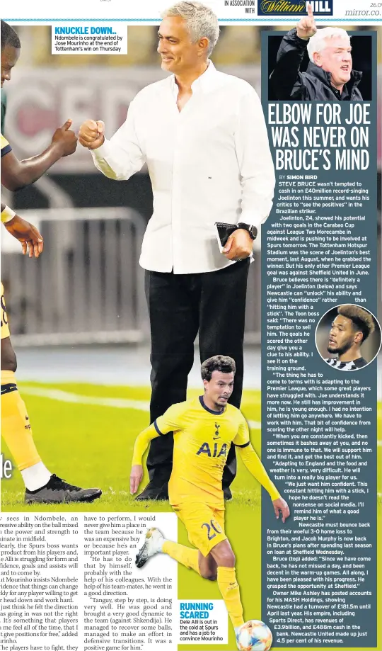  ??  ?? Ndombele is congratula­ted by Jose Mourinho at the end of Tottenham’s win on Thursday