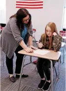  ?? [PHOTOS PROVIDED] ?? Jennifer Leck helps Ally Cannon with a geometry assignment during her planning period at Tuttle High School. Leck, a former Marine, found a new career in the classroom through the Oklahoma Troops to Teachers program.