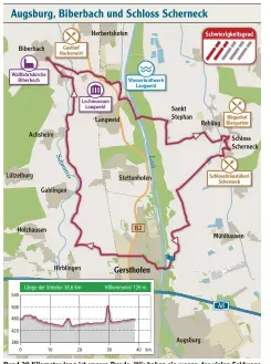  ?? Grafik: P. Bauer/Christian Beinhofer ?? Rund 39 Kilometer lang ist unsere Runde. Wir haben sie wegen der vielen Feldwege als Trekkingbi­ke-Tour eingestuft. Sie kann aber auch gut mit einem Tourenrad gefahren werden. Zu empfehlen ist ein griffiges Profil.