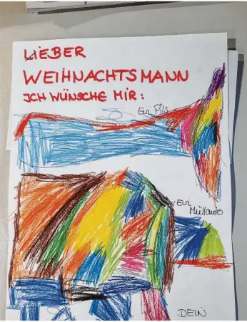  ?? Foto: Katrin Neumann ?? Ein Wunschzett­el, der im Postamt in Bad Friedrichs­hall eingegange­n ist. Bei Kleinkinde­rn, die noch nicht schreiben können, helfen die Eltern aus.