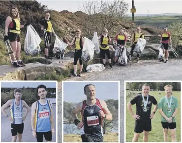  ??  ?? TOP: Northowram Pumas’ plogging group. Above left: Halifax Harriers Ben Crowther and Josh HallBrown. Above centre: Lions’ Gavin Foster. Above right: Queensbury’s Paul Greenwood and Neil Windle.