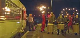  ?? ?? ↑ What passes for a little Scottish Highland atmosphere greeted the train crew of the first Azuma service from Inverness to King’s Cross on December 10, 2019. Modern life in the Highlands is far from this tourist display, but it was fun to watch nonetheles­s.