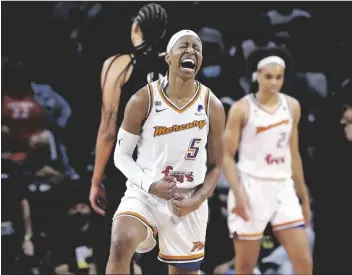  ?? CHASE STEVENS/AP ?? PHOENIX MERCURY GUARD SHEY PEDDY (5) reacts after drawing a foul from the Las Vegas Aces late in the second half of Game 5 of a playoff series Friday in Las Vegas. The Mercury won 87-84.