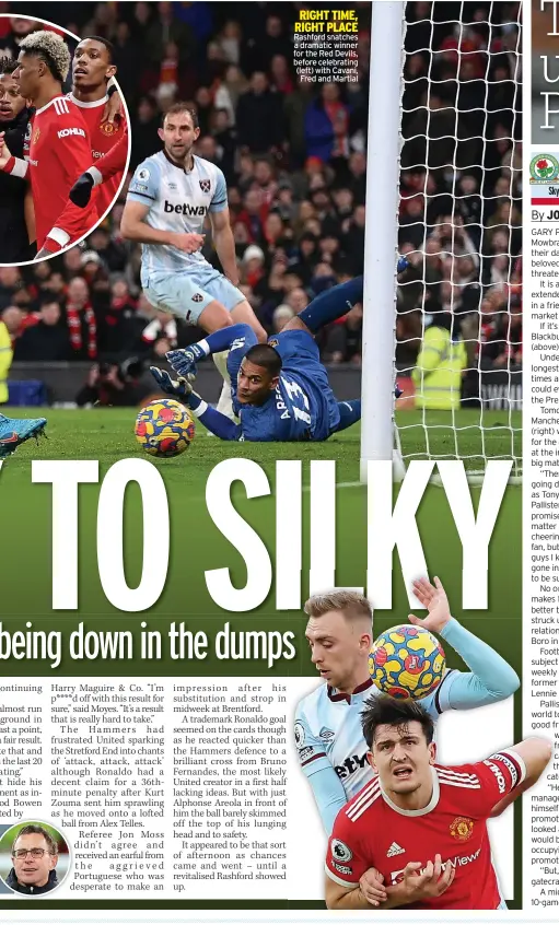  ?? ?? RIGHT TIME, RIGHT PLACE Rashford snatches
a dramatic winner for the Red Devils, before celebratin­g (left) with Cavani,
Fred and Martial