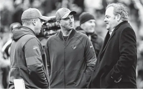  ?? Photos by Brett Coomer / Staff photograph­er ?? Coach Bill O’Brien, left, addresses the media regularly, but the same can’t be said for team vice president Jack Easterby, center, and owner Cal McNair.