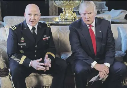  ?? Ap photo ?? President Donald Trump, right, listens as Army Lt. Gen. H. R. McMaster, left, talks at Trump’s Mar- a- Lago estate in Palm Beach, Fla., Monday, where Trump announced that McMaster will be the new national security adviser.