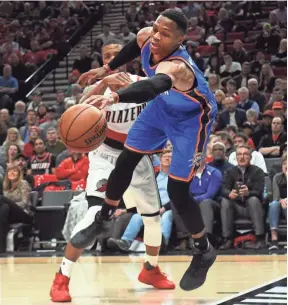  ??  ?? Thunder guard Russell Westbrook entered Sunday with a streak of seven tripledoub­les. But he has gone three games without one while enduring two losses.