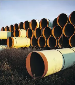  ?? ANDREW BURTON / GETTY IMAGES FILES ?? Pipe slated for use in the Keystone XL project might not be touched for another year after a U.S. District Court judge issued an injunction Thursday halting constructi­on.