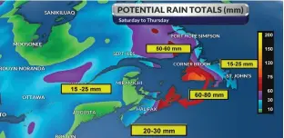  ?? WSI ?? Sometimes, yes, even in the summer, a good soaking is just what we need. That’s what we’re going to get across much of Atlantic Canada. These are my forecast rainfall totals into the middle of next week.