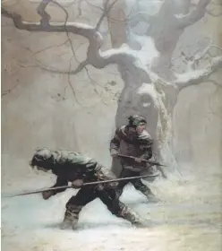  ??  ?? N. C. Wyeth uses atmospheri­c perspectiv­e to create depth and highlight the two subjects in his 1916 cover for the Robert Louis Stevenson classic,
The Black Arrow.