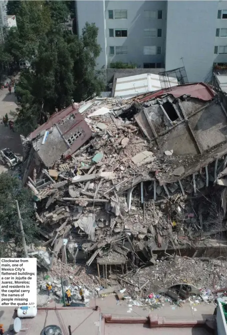  ?? AFP ?? Clockwise from main, one of Mexico City’s flattened buildings; a car in Jojutla de Juarez, Morelos; and residents in the capital carry the names of people missing after the quake