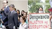  ??  ?? Corruption by whom? Health undersecre­tary Hartigan- Go (center) with his former boss health secretary Garin (seated). Right, protest against Dengvaxia.