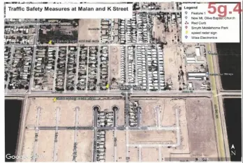  ?? CITY OF BRAWLEY RENDERING ?? This map shows parking restrictio­ns and other measures to be implemente­d by the City of Brawley to reduce speed by the Cattle Call area.