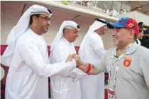  ?? — Reuters ?? Al Fujairah’s manager Diego Maradona of Argentina greets opposing team officials ahead of the match.