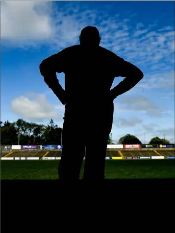  ??  ?? G.A.A. official Dave Ormonde surveys the empty pitch at Chadwicks Wexford Park on Sunday, where Wexford and Wicklow were due to meet in the first round of the Leinster football championsh­ip.