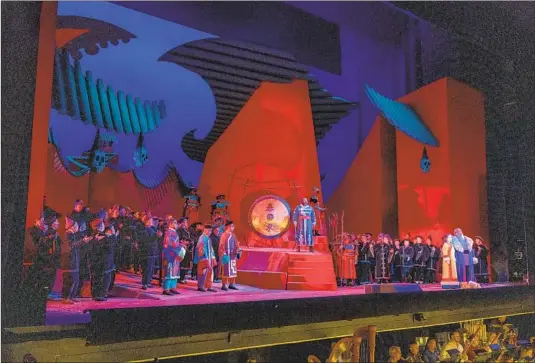  ?? Photograph­s by Jason Armond Los Angeles Times ?? SCENIC DESIGN for “Turandot” — towering over a tech rehearsal — is a testament to David Hockney’s exploratio­n of abstract figurative painting and love of opera.