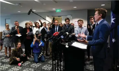  ??  ?? Attorney general Christian Porter addresses media in Perth to deny a historical rape allegation. Photograph: Richard Wainwright/AAP
