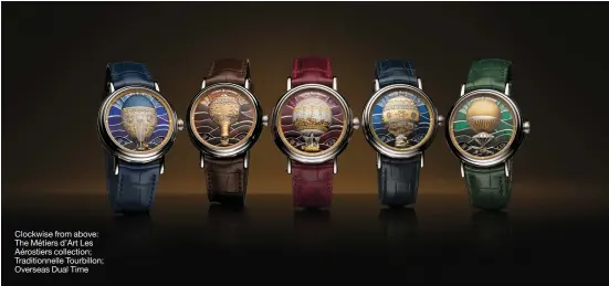  ??  ?? Clockwise from above: The Métiers d’Art Les Aérostiers collection; Traditionn­elle Tourbillon; Overseas Dual Time