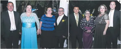  ??  ?? 1 2 (1) Omar Ernesto Perdomo y Martha Guadalupe Gómez (padres de la novia), María Mónica López y Crescencio Barahona (padres de la novio). (2) Felipe Sauceda, Elvia Ávila, Lesly Perdomo y Alfredo Raudales.