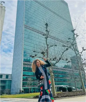  ?? ?? Minister for Women, Children and Poverty Alleviatio­n, Lynda Tabuya, donned Shane Pickering’s designs outside the United Nations in New York.