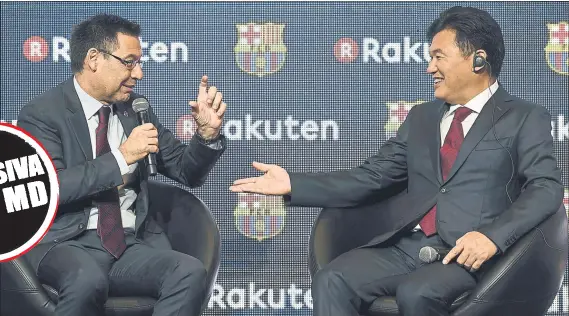  ?? FOTO: PERE PUNTÍ ?? El presidente del Barça, Josep Maria Bartomeu y el de Rakuten, Hiroshi Mikitani, durante el acto de presentaci­ón del acuerdo de patrocinio entre el Barça y Rakuten