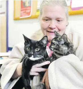  ?? NICK PROCAYLO/PNG ?? Virginia Stover with her two cats, Mr. Pickles, left, and Flick attend a free animal health care clinic for those who have no or low income in East Vancouver on Sunday.