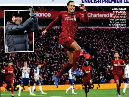  ?? ?? A ROUND OF APPLAUSE: Virgil Van Dijk jumps for joy after scoring his first goal, much to Jurgen Klopp’s delight (inset)