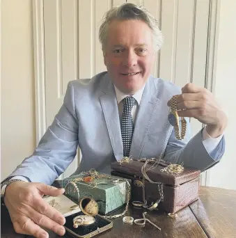  ??  ?? TO TREASURE: Above, antiques expert Tim Hogarth; top, up for auction earlier this month at Tennants in Leyburn, a selection of late 20th century clothing, including pieces by Robert Dorland, Christian Dior, Hermes, Frank Usher and Jean Muir, estimated at £150-£200. Tennants offers valuations of jewellery and clothing and buyers can bid online at www.tennants.co.uk.