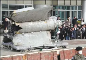  ?? ASSOCIATED PRESS ?? The debris of a missile which the Defense Ministry identified as a North Korean SA-5 surface-to-air missile according to South Korea’s military are seen, Wednesday, at the Defense Ministry in Seoul, South Korea.