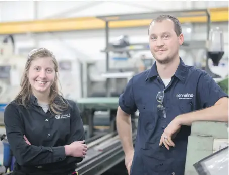  ?? DAX MELMER ?? Graduates Chelynne Schram and Jeff Lemmon returned to the St. Clair College Skilled Trades Regional Training Centre on Tuesday to talk about how they took the first steps toward an exciting new career when they enrolled in the centre’s 46-week training...