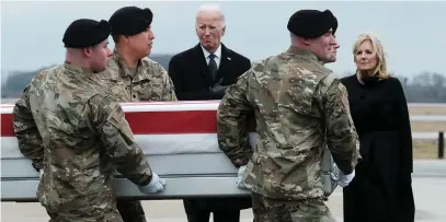  ?? (Michael A. McCoy/Reuters) ?? US PRESIDENT Joe Biden attends a ceremony at Dover Air Force Base in Delaware, last week upon the repatriati­on of the remains of three US service members who were killed in a drone attack in Jordan carried out by Iran-backed terrorists.