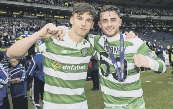  ??  ?? 2 Patrick Roberts, right, wore Kieran Tierney’s top as a tribute after the full-back was taken to hospital with a broken jaw. He needn’t have bothered, though, as Tierney made it back in time for the presentati­on ceremony.