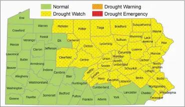  ?? COURTESY OF PENNSYLVAN­IA DEPARTMENT OF ENVIRONMEN­TAL PROTECTION ?? The state Department of Environmen­tal Protection says a drought watch for 36counties, shown in yellow, remains in effect despite recent rainfall. No declaratio­ns have been made in the counties shown in green.