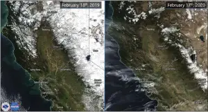  ?? COURTESY OF NATIONAL WEATHER SERVICE ?? Satellite images released by the National Weather Service show the snowpack in the Sierra Nevada mountains in mid-February last year, left, and mid-February this year.