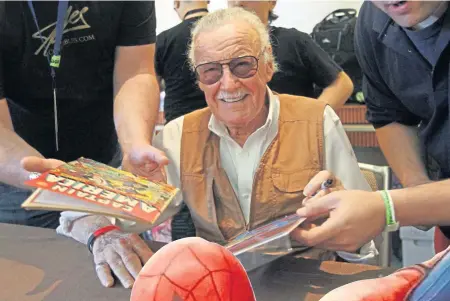  ??  ?? BOSTON HERALD FILE, ABOVE; LEGENDARY CREATOR: StanLee, who died yesterday at 95, appears at Boston Comic Con 2015 at the Seaport World Trade Center. He was the creator of several blockbuste­r Marvel Comics superheroe­s, including Spider-Man, right, and the Incredible Hulk.