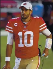  ?? NHAT V. MEYER — STAFF PHOTOGRAPH­ER ?? His struggles this season may outweigh Jimmy Garoppolo’s 2019 season in which he led the 49ers to the Super Bowl.